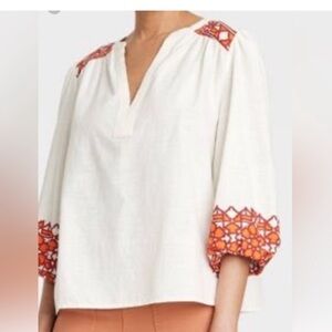 KNOX ROSE Women's Cream Balloon 3/4 Sleeve Woven Top Boho Southwestern Medium